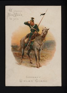 Ussaro tedesco, cartolina di auguri di Capodanno, fine XIX o inizio XX secolo da English School