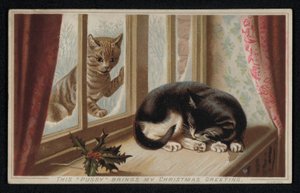 Gatto rosso che guarda attraverso una finestra un altro gatto che dorme, cartolina di auguri di Natale