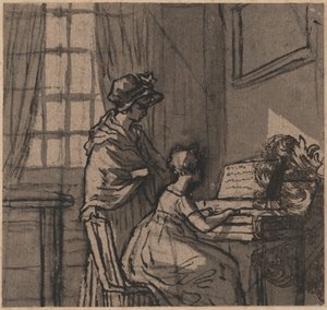 Ragazza al clavicordo, c.1800 (penna e lavaggio su carta) da English School