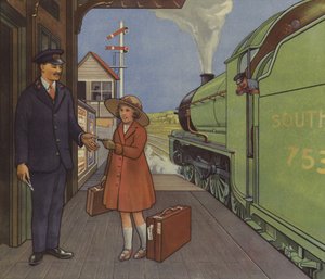 Ragazza che consegna il suo biglietto ferroviario al capostazione da English School