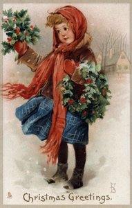 Ragazza che vende agrifoglio e ghirlande di Natale (cromolitografia)