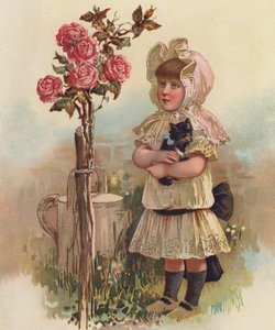 Ragazza con un gatto e un albero di rose da English School