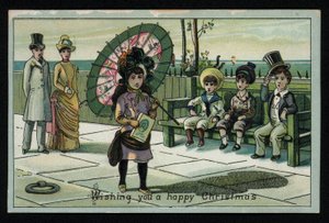 Ragazza con un grande parasole che cammina lungo una passeggiata sul mare, cartolina di auguri di Natale da English School