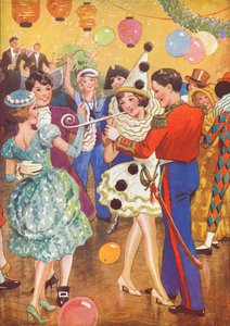 Ragazze che ballano con ragazzi a una festa in maschera