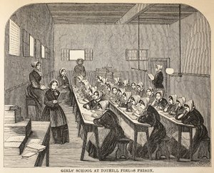 Scuola per ragazze alla prigione di Tothill Fields, illustrazione da Le Prigioni Criminali di Londra e Scene dalla Vita Carceraria di Henry Mayhew e John Binny, pub. 1862 da English School