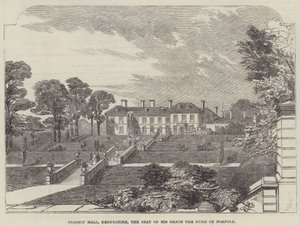 Glossop Hall, Derbyshire, la residenza di Sua Grazia il Duca di Norfolk (incisione) da English School