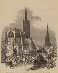 Processione di Godiva alla fiera di Coventry, la processione si forma presso la chiesa di San Michele (incisione)