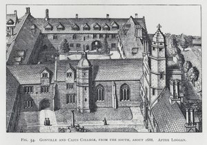 Gonville and Caius College, da sud, circa 1688, dopo Loggan da English School