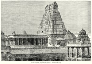 Grande Pagoda, Conjeveram; Gopura e Sacro Carro (incisione) da English School