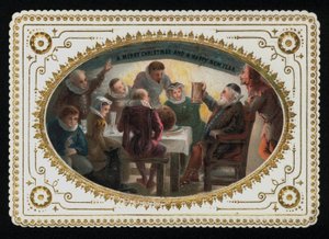 Gruppo di uomini e donne del XVI secolo che brindano alla stagione festiva, cartolina di auguri di Natale