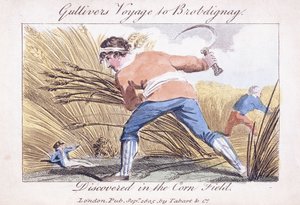 Il viaggio di Gulliver a Brobdignag, scoperto nel campo di grano, 1805 da English School
