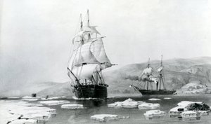 HMS Assistance e Pioneer che escono dai quartieri invernali nel 1854 (litografia) da English School