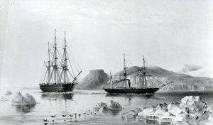 HMS Assistance trainata da Pioneer passando John Harrow Mount, North Wellington Channel nel 1853 da English School