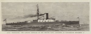 HMS "Trafalgar," il Più Grande Corazzato della Marina Britannica, varato a Portsmouth il 20 Settembre (incisione) da English School