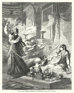 Aman scoperto da Assuero mentre implora per la sua vita a Ester (incisione) da English School