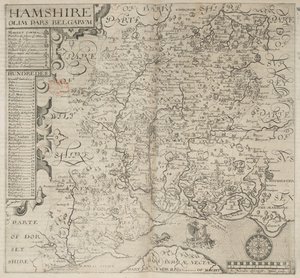Hamshire, olim pars Belgarum. J. Norden descripsit. W. Hole sculp., da 
