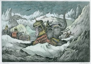 Annibale (247-c.183 a.C.) e i suoi elefanti da guerra attraversano le Alpi (colorazione successiva)