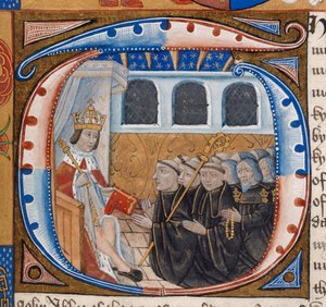 Iniziale istoriata raffigurante Re Enrico VII che riceve il libro, illustrazione da 