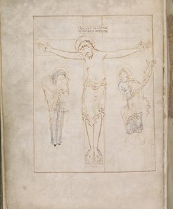 La Crocifissione; con la Vergine e San Giovanni che scrive la sua testimonianza su un rotolo, dal Salterio di Ramsey, c.900-1000 da English School