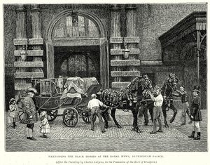 Imbrigliare i cavalli neri al Royal Mews, Buckingham Palace (incisione) da English School