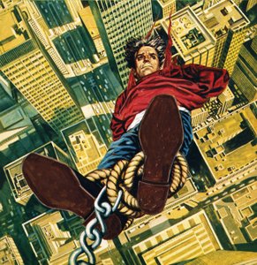 Harry Houdini sospeso dalla cima di un grattacielo di New York
