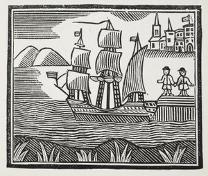 Salpa per il suo viaggio avventuroso, illustrazione da Chap-books del XVIII secolo di John Ashton, pub. 1882 da English School