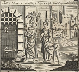 Enrico IV imperatore che aspetta 3 giorni e notti nel gelo e nella neve per essere ammesso dal Papa Gregorio, illustrazione da Atti e Monumenti di John Foxe, nona edizione, pub. 1684 da English School