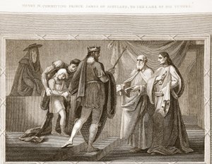 Enrico IV affida il principe Giacomo di Scozia ai suoi tutori, illustrazione da La storia d