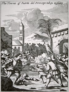 Henry Morgan cattura e saccheggia la città di Puerto de Principe, Cuba, nel 1668, illustrazione da 