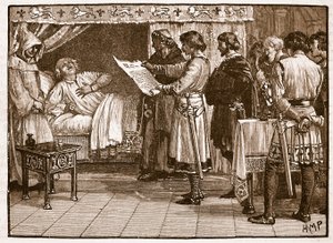 Enrico che riceve la notizia del tradimento di Giovanni, illustrazione da Cassells Illustrated History of England da English School