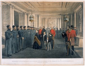 Sua Maestà la Regina Vittoria (1819-1901) e S.A.R. il Principe Alberto (1819-61) che ispezionano i soldati feriti delle Guardie Granatieri a Buckingham Palace, 1855 da English School