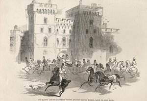 Sua Maestà e i suoi illustri visitatori e suite lasciano il Castello di Windsor per le corse di Ascot, da 