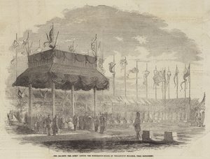 Sua Maestà la Regina posa la prima pietra del Wellington College, vicino a Sandhurst (incisione)