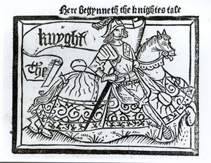 Qui inizia il racconto del cavaliere, illustrazione da I racconti di Canterbury di Geoffrey Chaucer (c.1345-1400) stampato da William Caxton (c.1422-91) 1434 da English School