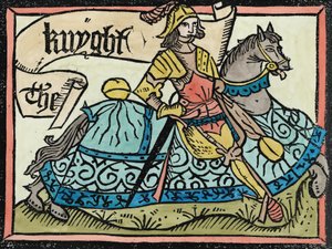 Qui Inizia il Racconto del Cavaliere, illustrazione da I Racconti di Canterbury di Geoffrey Chaucer (c.1345-1400) stampato da William Caxton (c.1422-91) 1434 (colorazione successiva) da English School