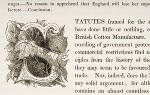 Iniziale istoriate S, da un libro sulla manifattura del cotone britannico da English School