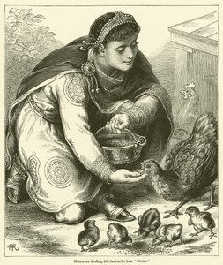 Onorio che nutre la sua gallina preferita "Roma" (incisione)