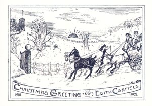 Cavallo e carrozza in viaggio verso il castello, cartolina di Natale da English School