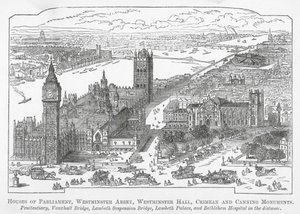 Palazzo del Parlamento, Abbazia di Westminster, Westminster Hall, Monumenti Crimea e Canning (incisione)
