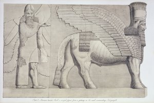Toro con testa umana e figura alata da un portale sul muro che circonda Koujunjik, tavola 3 da Ninive e i suoi resti di Austen Henry Layard (1817-94) pubblicato 1849 da English School