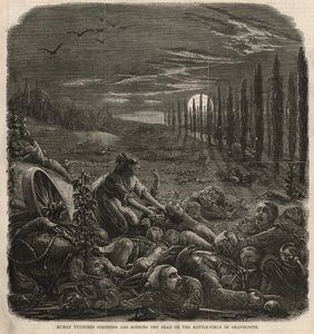 Avvoltoi umani che spogliano e derubano i morti sul campo di battaglia di Gravelotte (incisione)