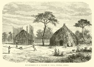 Costruzione di capanne in un villaggio di Uhiya, Africa Centrale