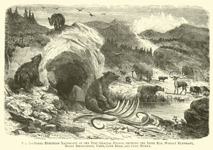 Paesaggio europeo ideale del periodo post-glaciale, con alce irlandese, elefante lanoso, rinoceronte lanoso, uro, orso delle caverne e iena delle caverne da English School