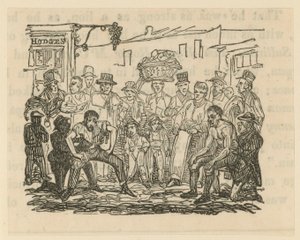 Illustrazione che raffigura una folla di persone che guardano un incontro di boxe da English School