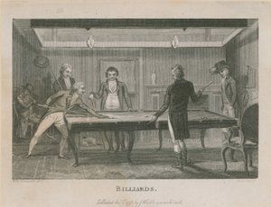 Illustrazione che raffigura un gruppo di uomini che giocano a biliardo da English School