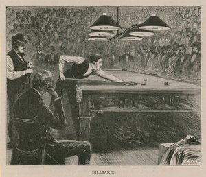 Illustrazione che raffigura uomini che giocano a biliardo da English School