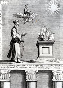 Illustrazione di Zoroastro che adora il fuoco e il sole, 1697 da English School