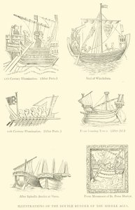 Illustrazioni del doppio timone del Medioevo (incisione) da English School