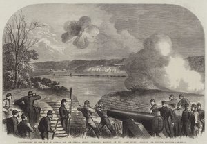Illustrazioni della guerra in America, la batteria di Howlett sul fiume James, impegnata contro i monitor federali (incisione) da English School