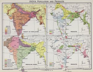 India, popolazione e prodotti (litografia a colori) da English School